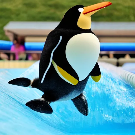 Prompt: a cartoon penguin going down a waterslide