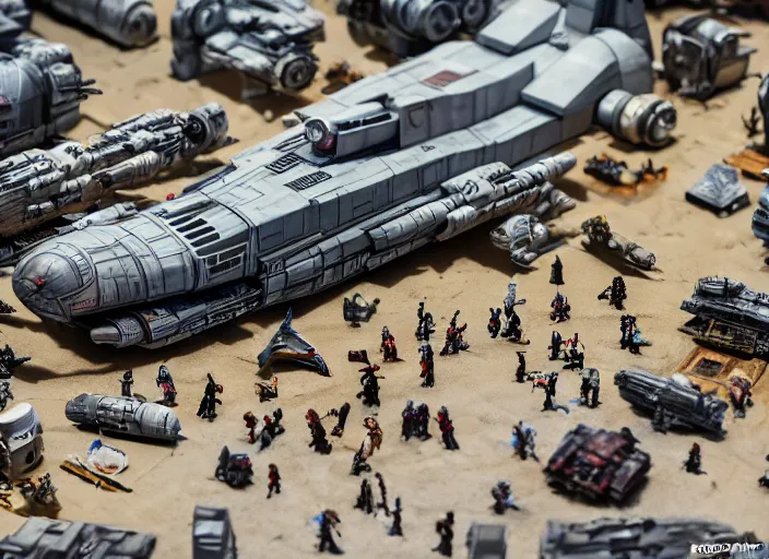 Image similar to a photo of a epic grand scale diorama of star wars figures and vehicles and buildings, canon, macro photography, tilt - shift photography