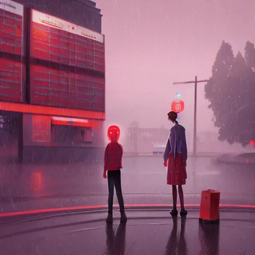 Image similar to a young girl and her tall humanoid robot going on a trip together, near a gas station, raining, detailed, cinematic, cinematic lighting, by Simon Stalenhag