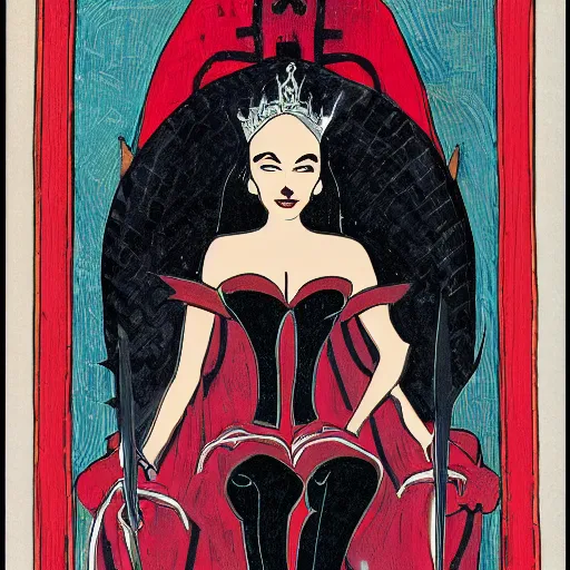 Image similar to portrait of an evil queen, sitting on a throne of swords