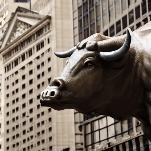 Prompt: close up photo of The Wall street bull shocked about the stock market crash, highly detailed