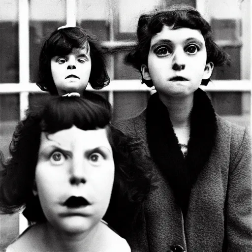 Prompt: high quality high detail photograph by diane arbus and vivian maier, hd, unsettling odd models acting weird, intense fear of unknown, photorealistic lighting