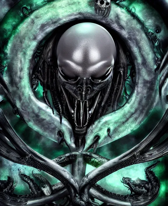 Image similar to xenomorph queen goth model skull eyes hybrid, dragon eggs, dark emerald mist colors, giger background liminal void, cinematic lighting, realistic, award winning photograph, various refining methods, micro macro autofocus