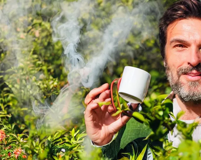 Image similar to mr robert is drinking fresh tea, smoke pot and meditate in a garden from spiral mug, detailed smiled face, muscular hands, golden hour closeup photo, red elegant shirt, eyes wide open, ymmm and that smell