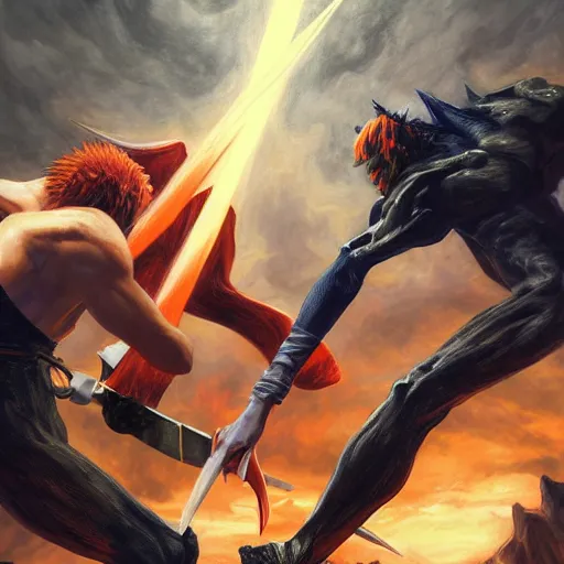 Image similar to Virgil fighting Ichigo Kurosaki, detailed, centered, digital painting, artstation, concept art, donato giancola, Joseph Christian Leyendecker, WLOP, Boris Vallejo, Breathtaking, 8k resolution, extremely detailed, beautiful, establishing shot, artistic, hyperrealistic, beautiful face, octane render, cinematic lighting, dramatic lighting, masterpiece