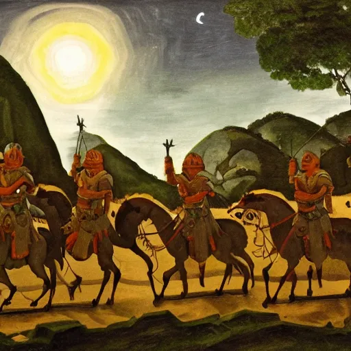 Image similar to A group of armoured Spanish conquistadors holding lanterns on a sandy beach Cove in middle of a magical forest in a dark night. Inca ruins in the background. Pale crescent moon in the sky. Painting by Michelangelo