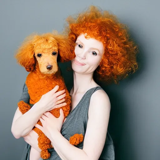 Image similar to a beautiful pale woman with orange hair holding both a curly headed baby boy and also a brown poodle, abstract