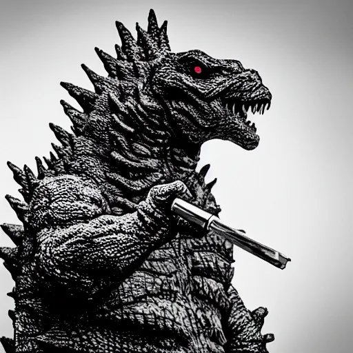 Image similar to godzilla smoking a joint, 5 5 mm