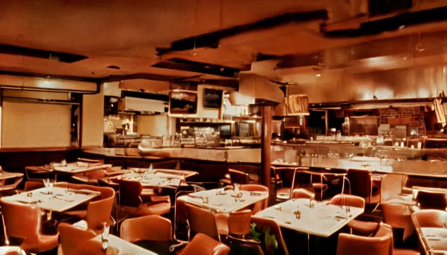 Image similar to 70s movie still of a restaurant , cinestill 800t Technicolor, heavy grain, high quality, criterion collection, liminal space style