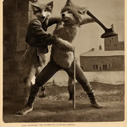 Image similar to anthropomorphic fox man fights in front of a castle, 1910s film scene