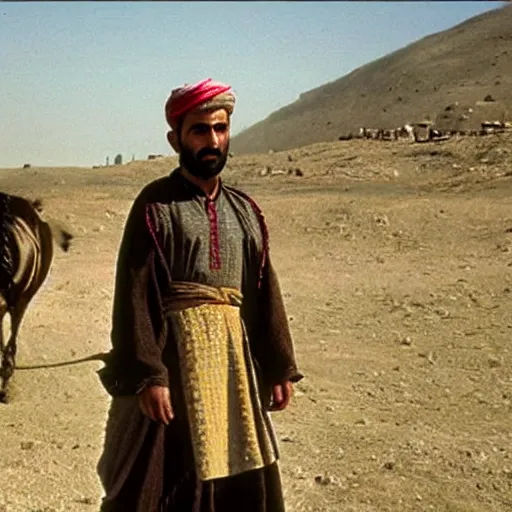 Image similar to Kurdish shepherd wearing Kurdish clothes in a movie directed by Christopher Nolan, movie still frame, promotional image, imax 70 mm footage