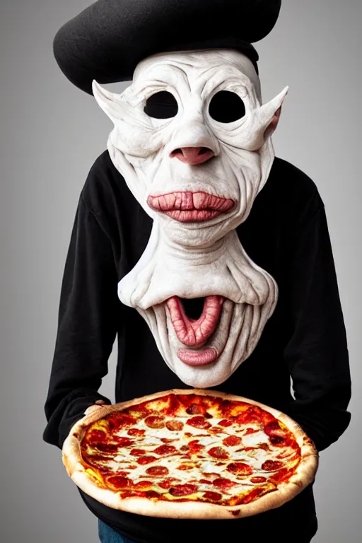 Image similar to portrait photo of an old wrinkled man, skinny face, bony face, long crooked nose, large gaping mouth, black pulcinella mask, masquerade mask, pointy conical hat, white wrinkled shirt, holding up a pizza, presenting a large pizza, close - up, skin blemishes, menacing, intimidating, masterpiece by paola agosti