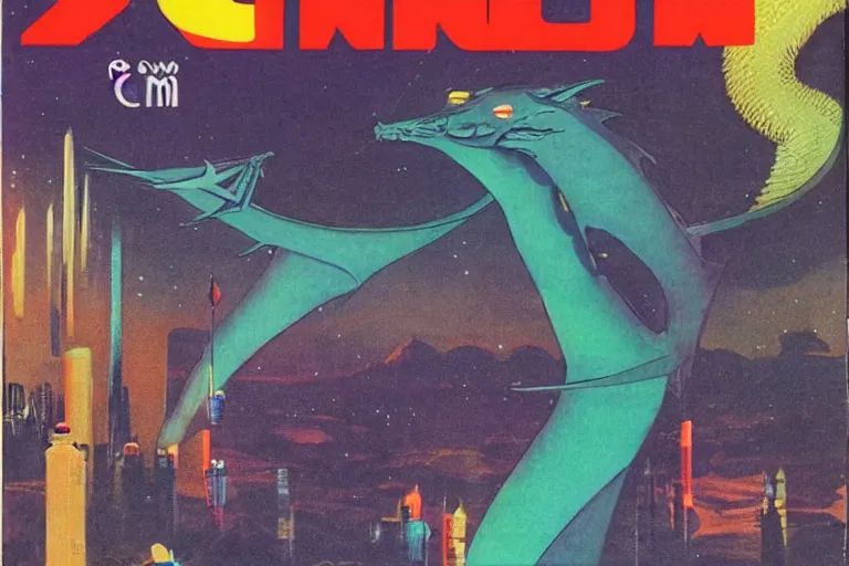 Image similar to 1979 OMNI Magazine Cover of a dragon wearing robes in neo-tokyo style by Vincent Di Fate