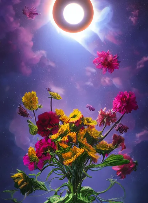 Image similar to An epic fantastic realism comic book style painting of the most beautiful flowers launched into space, bouquets, solar eclipse, fisheye, unreal 5, DAZ, hyperrealistic, octane render, dynamic lighting