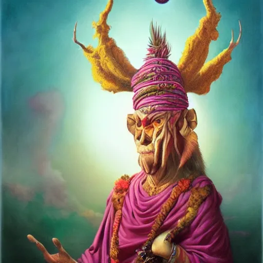 Image similar to wise old Indian guru, multiple arms, large ears, pink and gold , by Anato Finnstark, Tom Bagshaw, Brom