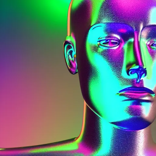 Image similar to 3d render of holographic human robotic head made of glossy iridescent, surrealistic 3d illustration of a human face non-binary, non binary model, 3d model human, cryengine, made of holographic texture, holographic material, holographic rainbow, concept of cyborg and artificial intelligence