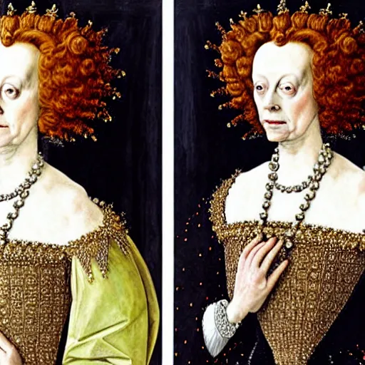 Prompt: sigourney weaver as queen elizabeth i, elegant portrait by sandro botticelli, detailed, symmetrical, intricate