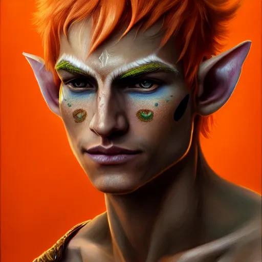 Image similar to portrait painting of an elven eladrin young man with short light orange hair and freckles and tribal tattoos on his cheekbones, sharp focus, award - winning, trending on artstation, masterpiece, highly detailed, intricate. art by merwild and ernesto irawan and rachel denton