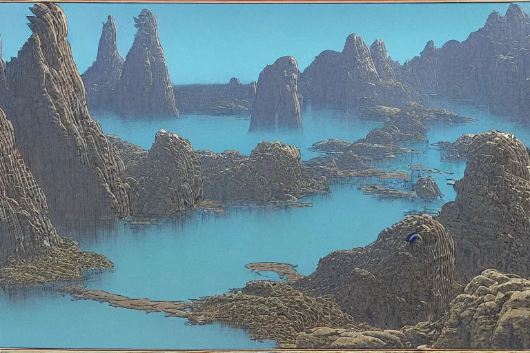 Prompt: A detailed matte painting of a landscape by Moebius