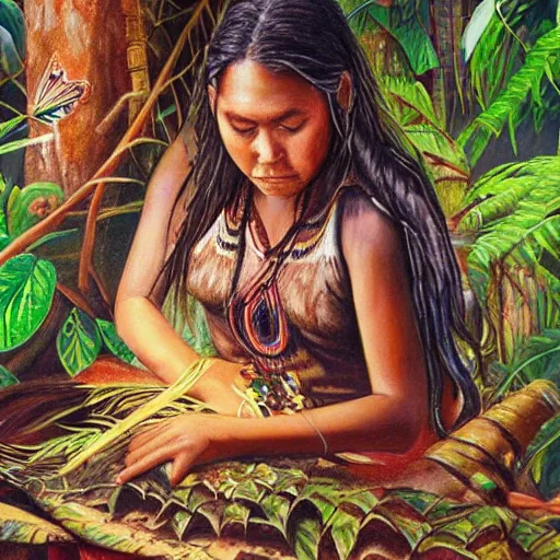 Image similar to a beautiful painting of a young indigenous female crafting a fabric in the jungle, realistic face, ayahuasca, fantasy art style, matte painting, highly detailed