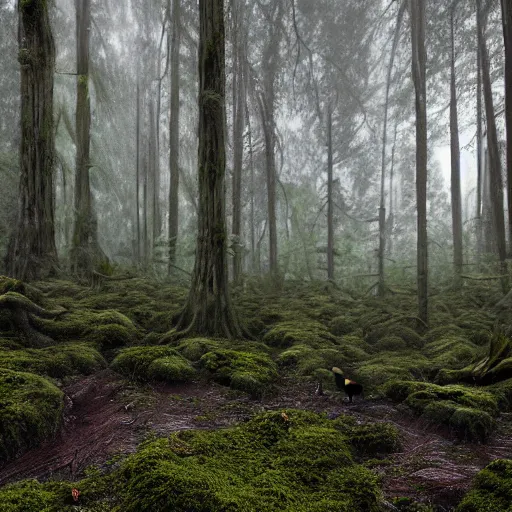 Image similar to Foggy forest with huge trees overgrown with moss and lianas, a hunter with weapons in diesel-punk style cautiously walks between the roots. 4K 64 megapixels 8K resolution DSLR filmic HDR Kodak Ektar wide-angle lens 3D shading Behance HD CGSociety Cinema 4D IMAX shadow depth rendered in Blender Unreal Engine hyperrealism photoillustration, lots of reflective surfaces, subsurface scattering