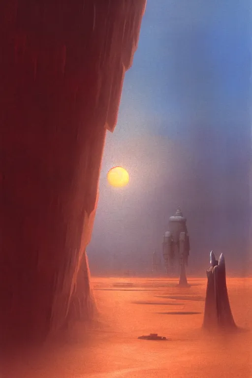 Image similar to emissary moody mysterious world of kamino during sunrise and sand storm by arthur haas and bruce pennington and john schoenherr, cinematic matte painting, 8 k, dark color palate