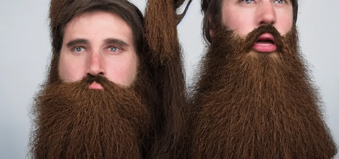 Prompt: a life size beard wearing a human on its face