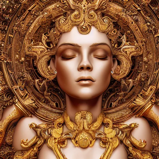 Image similar to goddess made of golden marble, beautiful face, hyper detailed, flowing psychadelic background intricate and detailed, ornate 8 k gorgeous intricate detailed, octane render