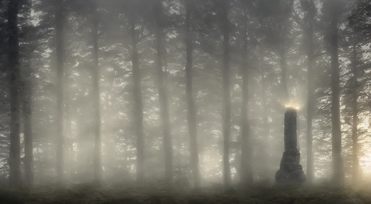 Prompt: photorealistic tower on the edge of nowhere misty moors ropes old growth rock features volumetric fog light rays high contrast dawn