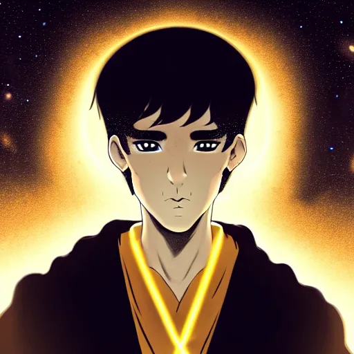 Image similar to a man with with brown hair, eyes with stars and galaxies in his eyes, wearing a black robe with the tips made of gold, anime, trending on artstation, high quality