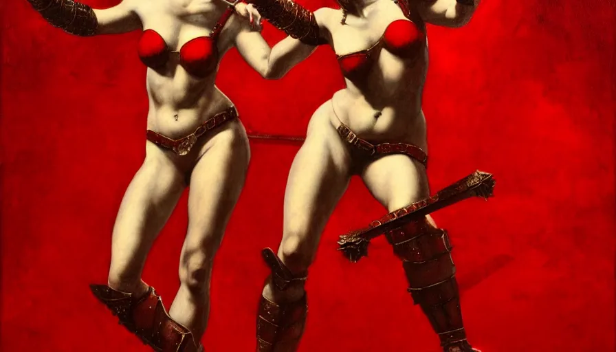 Image similar to only with red, an armored female gladiator in a crowded roman amphitheatre, crowd cheering, in the style of rolf armstrong and ambrosius benson and edward hopper and and rodcenko, intricate and epic composition, red by caravaggio, highly detailed, masterpiece, red light, artstation