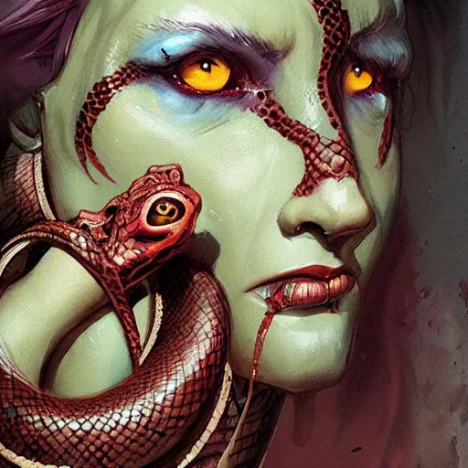Image similar to a snake priestress with bloody eyes, by greg rutkowski, designed for magic the gathering