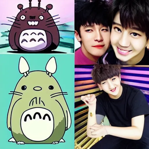 Image similar to “K-pop idol Changbin with scary Totoro, style of studio Ghibli, award winning”