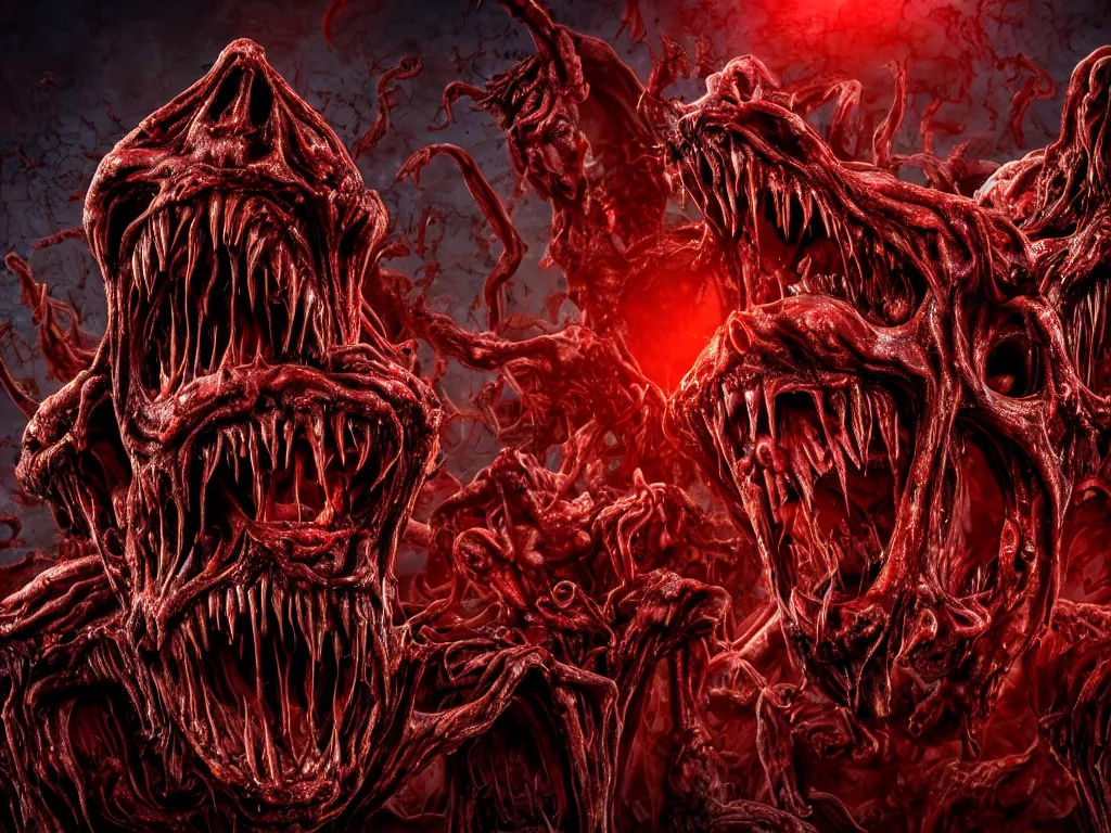 Prompt: twisted demonic creatures screaming, sun dripping liquid blood in the background, horror, hellish, grotesque, visceral, monstrosity, accursed, insanity, nightmare, High Definition detail, 8K