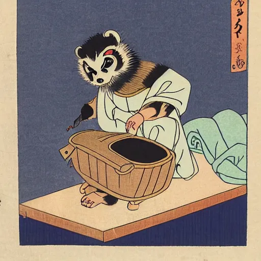 Image similar to Tanuki doing his laundry in the style of ukiyo-e