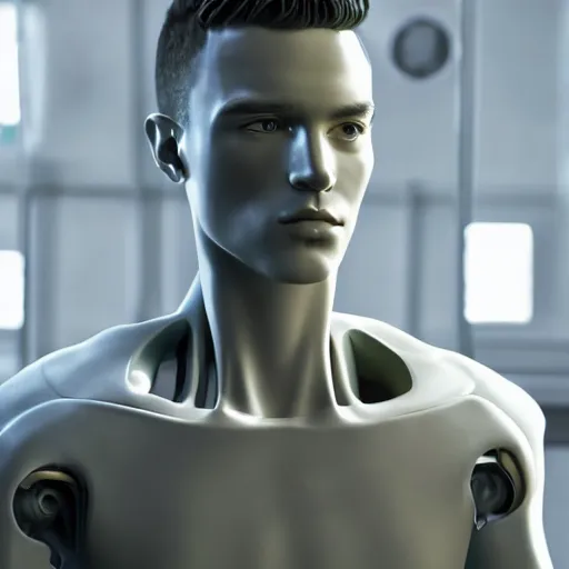 Image similar to a realistic detailed photo of a guy who is an attractive humanoid who is half robot and half humanoid, who is a male android, attractive and handsome soccer players, shiny skin, posing like a statue, blank stare, in a factory, on display, showing off his muscles, wearing soccer shorts, side view, looking at each other mindlessly