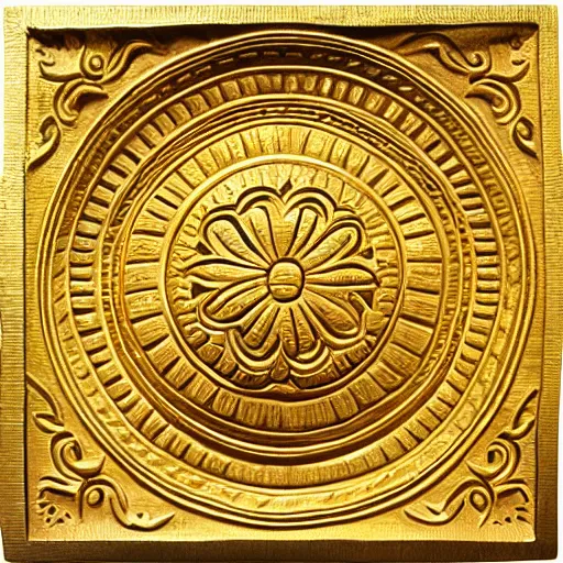 Prompt: ornate engraved carving of a round rose on a square gold panel