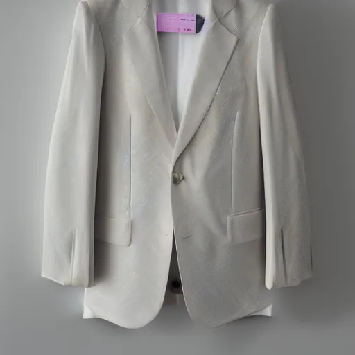 Image similar to an ultra high definition professional studio quality photograph of a transparent iridescent perspex pastel coloured sports jacket on a white coat hook in an empty white room. dramatic lighting, ray tracing, refraction, shallow d. o. f, colour corrected, golden ratio, three point light. volumetric shadows..