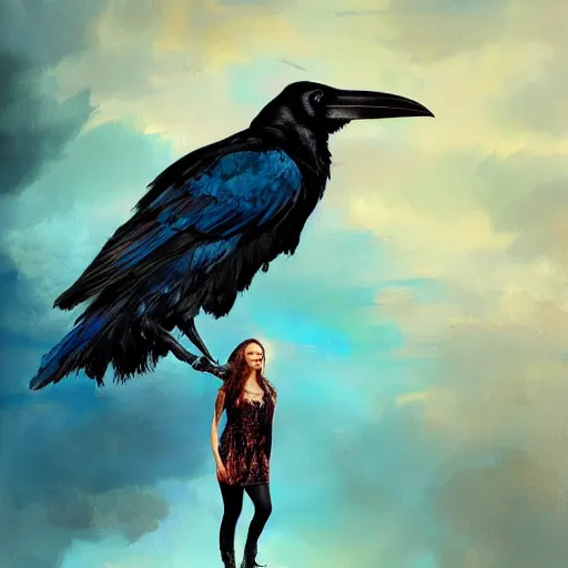 Image similar to morning, raven bird perching on the shoulder of a woman in a black dress. sun, cinematic, clouds, vogue cover style, copper and deep blue mood, realistic painting, intricate oil painting, high detail, figurative art, multiple exposure, poster art, 3 d, by simon bisley, ismail inceoglu, wadim kashin, filip hodas.