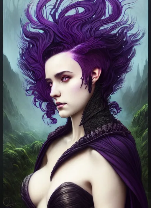 Prompt: award winning book cover, side portrait dark witch, adventurer outfit large cloak, fantasy forest landscape, dragon scales, fantasy magic, undercut hairstyle, short purple black fade hair, dark light night, intricate, elegant, sharp focus, illustration, highly detailed, digital painting, concept art, matte, art by WLOP and Artgerm and Greg Rutkowski and Alphonse Mucha, masterpiece