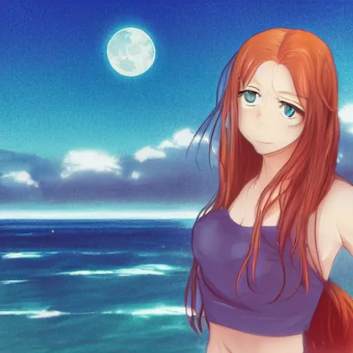 Prompt: one anime girl looking like amy adams, standing on a pier, blue shiny eyes, looking at the camera, cute, the ocean as background at twilight, big moon above the water, colorful, magical, smooth, extremely detailed, devianArt