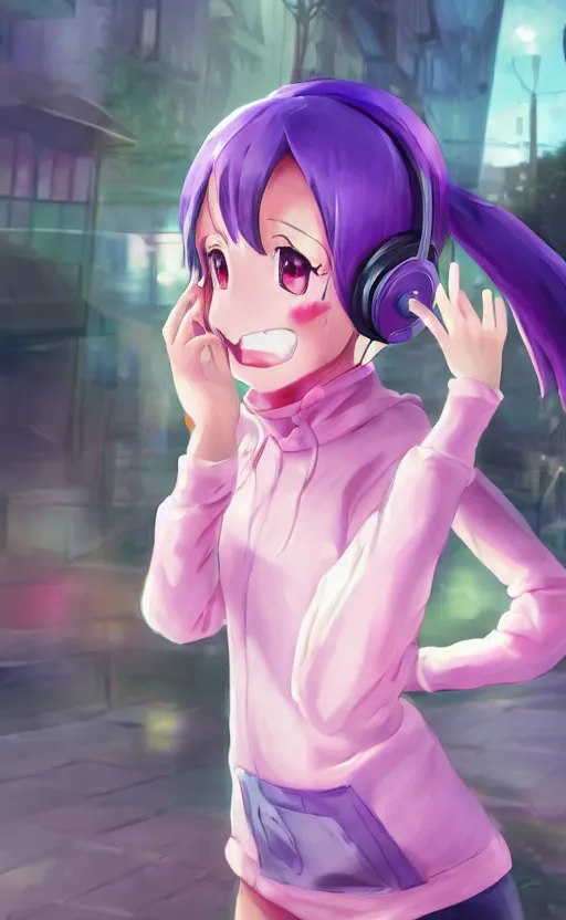 Prompt: anime girl with pink ponytail, wearing purple headphones, wearing a green sweater, with a smile on her face and her eyes closed, walking down a street, dynamic lighting, photorealistic fantasy concept art, trending on art station, stunning visuals, creative, cinematic, ultra detailed
