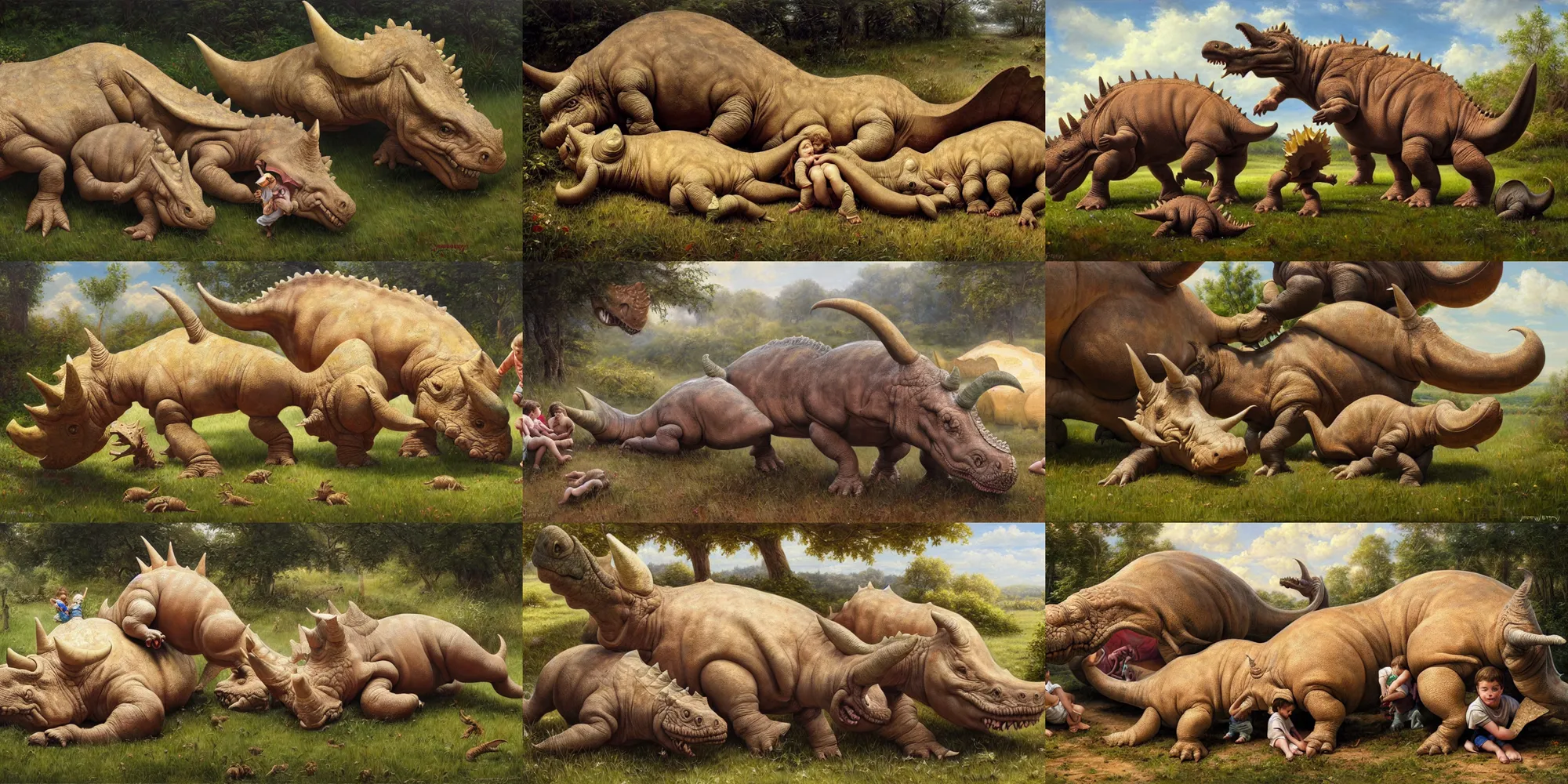 Prompt: beautiful painting of kids playing around a sleeping triceratops, by james gurney, very detailed, 4 k, high quality