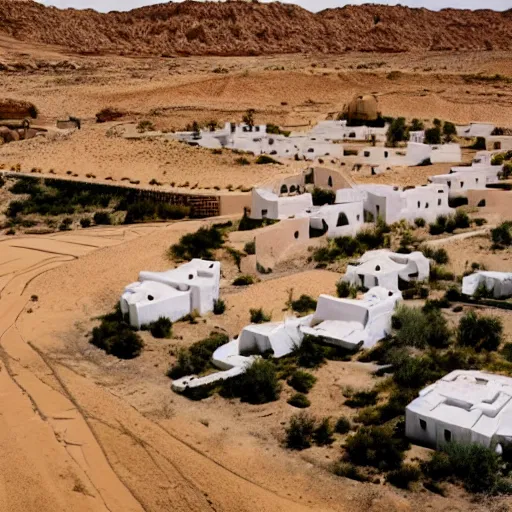 Prompt: a village in the desert, white houses, two suns, star wars style