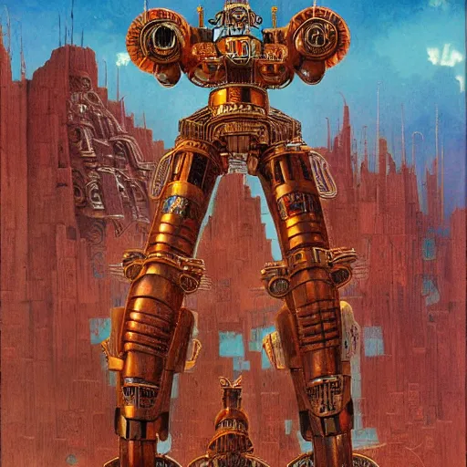 Image similar to elaborate mayan art deco mecha by j. c. leyendecker, bosch, and beksinski