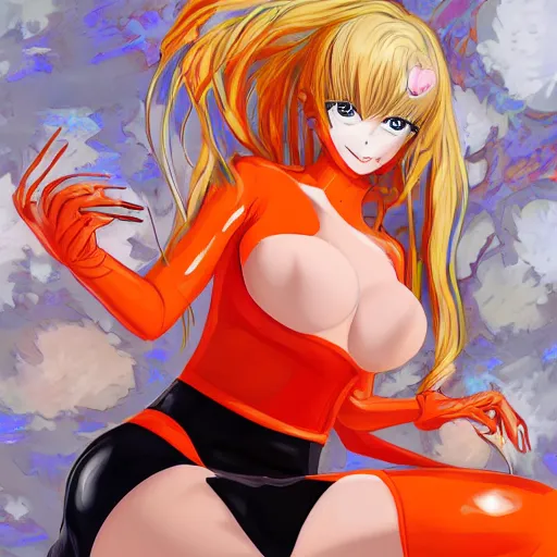 Prompt: Anime big bust beautiful Claud Monet proportions girl in orange latex dress and orange latex gloves holding wonderful grotesque raven feather in her hand