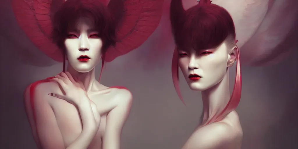 Prompt: breathtaking detailed concept art painting art deco portrait of a satanic demon, by hsiao - ron cheng, bizarre compositions, exquisite detail, extremely moody lighting, 8 k