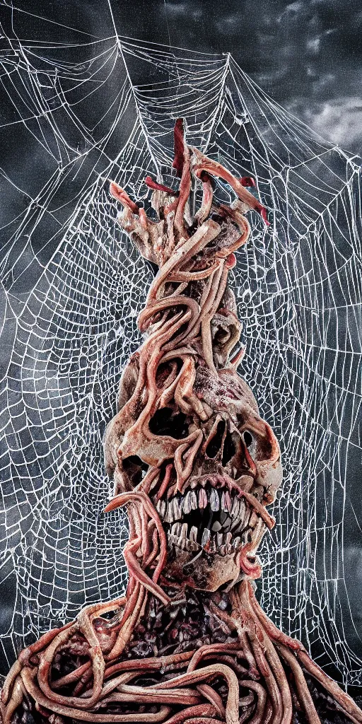 Image similar to a photorealistic giant skull wrapped in intestines, swarming with insects, in a giant spiderweb, ominous stormclouds, heavy rain and lightning, guro art, body horror, art by Shintaro Kago, 4K, cinematic, surreal LUT, epic lighting, photography, UHD, HDR