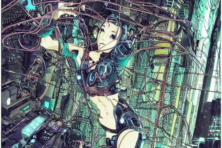 Prompt: an intricate, awe inspiring cyberpunk illustration of a female android body lying open on a labor floor, wires and cables coming out, by masamune shirow and katsuhiro otomo ((colorful)) (((super coherent)))