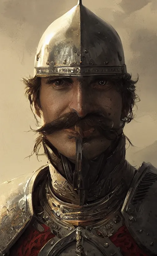 Image similar to Portrait of a middle aged Knight with a moustache, male, detailed face, fantasy, highly detailed, cinematic lighting, digital art painting by greg rutkowski